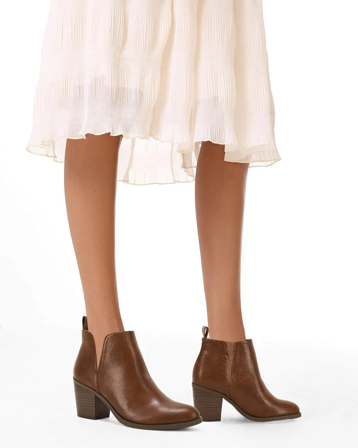 Coutgo Womens Cut Out Ankle Boots Chunky Stacked Heel Almond Toe Slip on Western Booties
