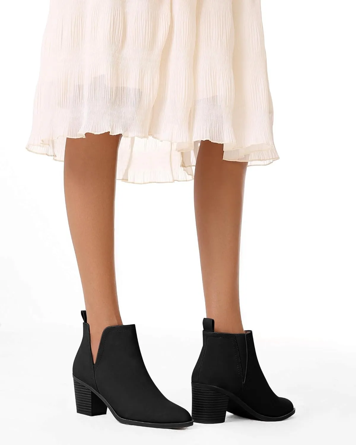Coutgo Womens Cut Out Ankle Boots Chunky Stacked Heel Almond Toe Slip on Western Booties