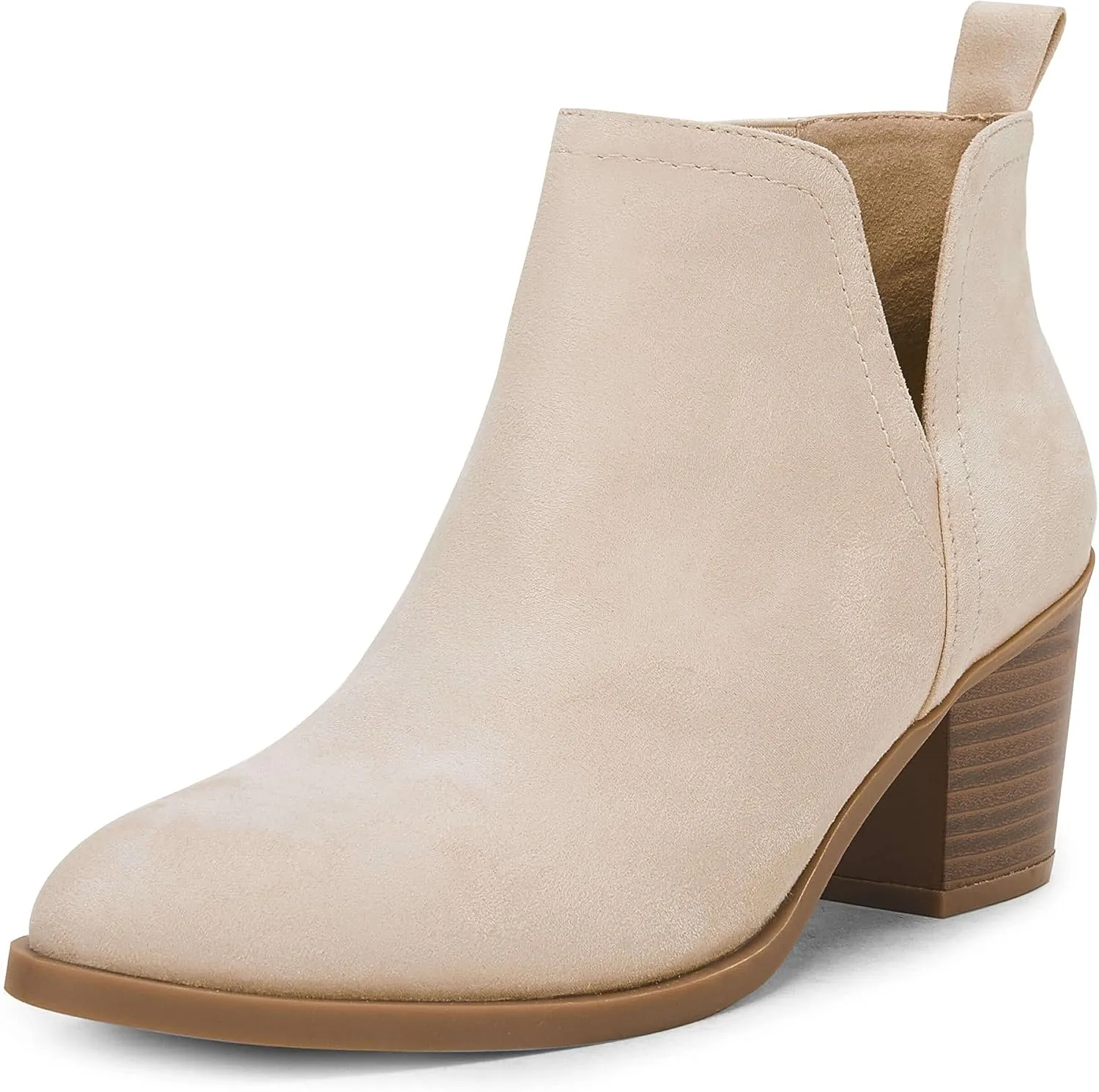 Coutgo Womens Cut Out Ankle Boots Chunky Stacked Heel Almond Toe Slip on Western Booties