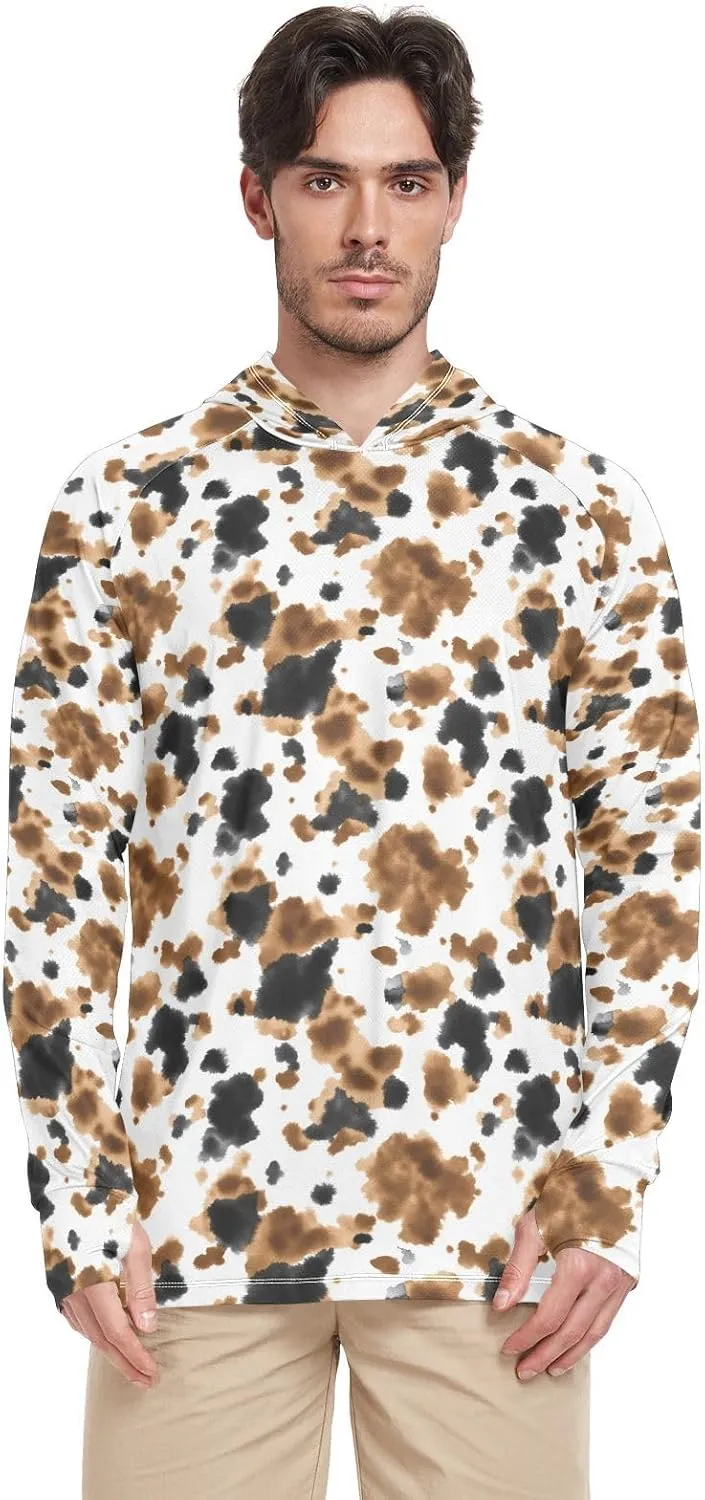 Cow Printed Mens Sun Protection Hoodie Long Sleeve Fishing Shirt UPF 50  Fishing Shirts Mens Rash Guard UV Brown and Black