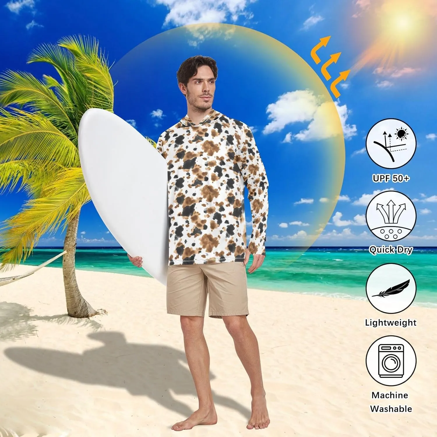 Cow Printed Mens Sun Protection Hoodie Long Sleeve Fishing Shirt UPF 50  Fishing Shirts Mens Rash Guard UV Brown and Black
