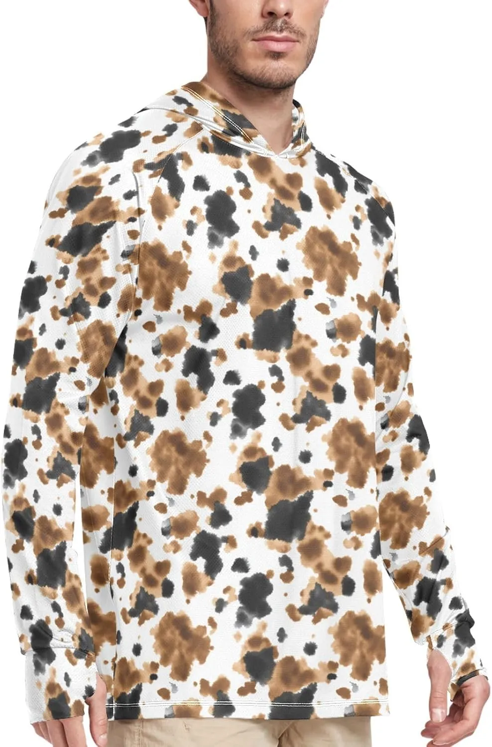 Cow Printed Mens Sun Protection Hoodie Long Sleeve Fishing Shirt UPF 50  Fishing Shirts Mens Rash Guard UV Brown and Black