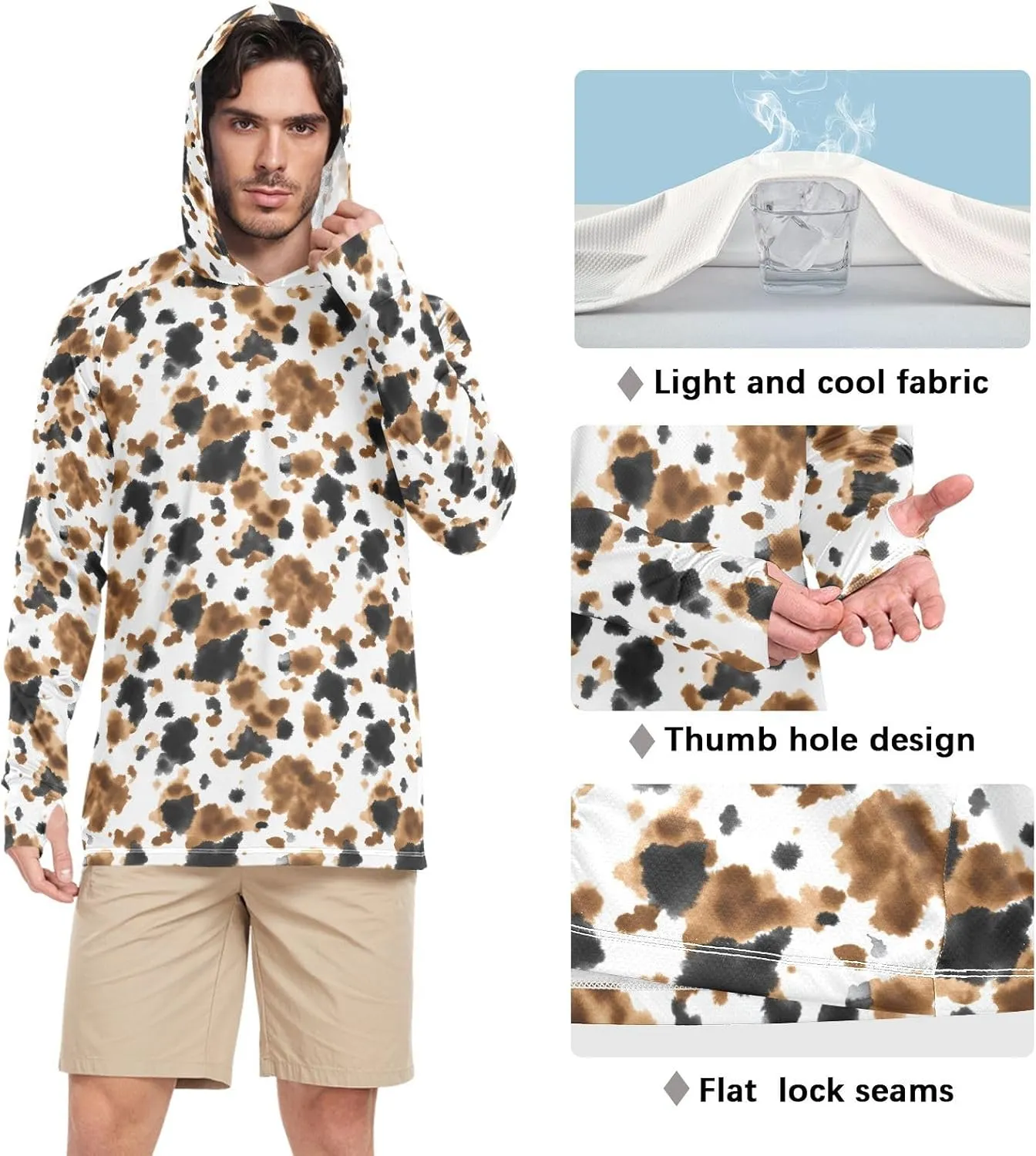 Cow Printed Mens Sun Protection Hoodie Long Sleeve Fishing Shirt UPF 50  Fishing Shirts Mens Rash Guard UV Brown and Black
