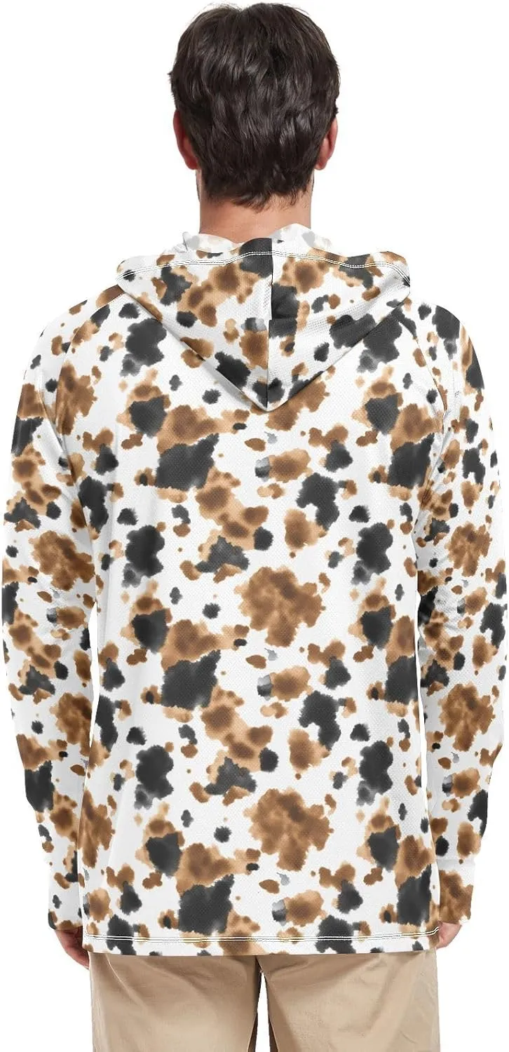 Cow Printed Mens Sun Protection Hoodie Long Sleeve Fishing Shirt UPF 50  Fishing Shirts Mens Rash Guard UV Brown and Black