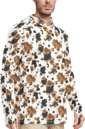 Cow Printed Mens Sun Protection Hoodie Long Sleeve Fishing Shirt UPF 50  Fishing Shirts Mens Rash Guard UV Brown and Black