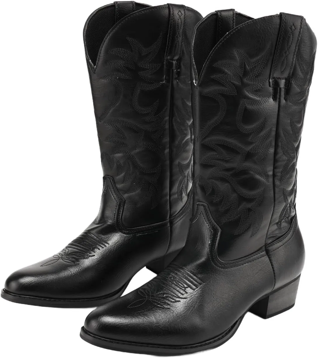Cowboy Boots for Men Wide Toe boots Embroidered Western Boots Traditional Country Boot Pull On Slip Resistant Boots