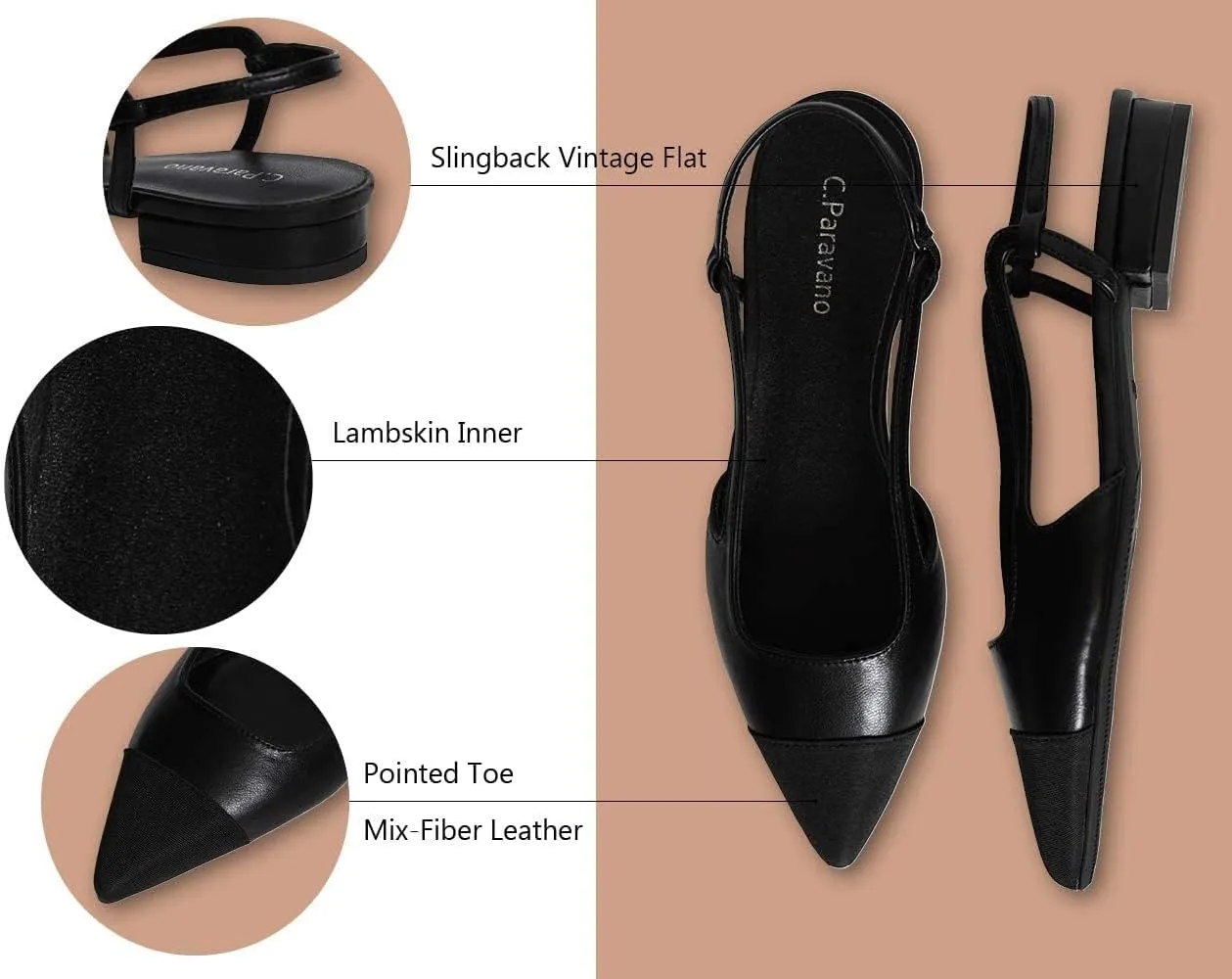 C.Paravano Women's Pointed Toe Slingback Flats | Comfort Heeled Sandals | Slip-On Flats | Perfect for Casual, Business, Party, Date