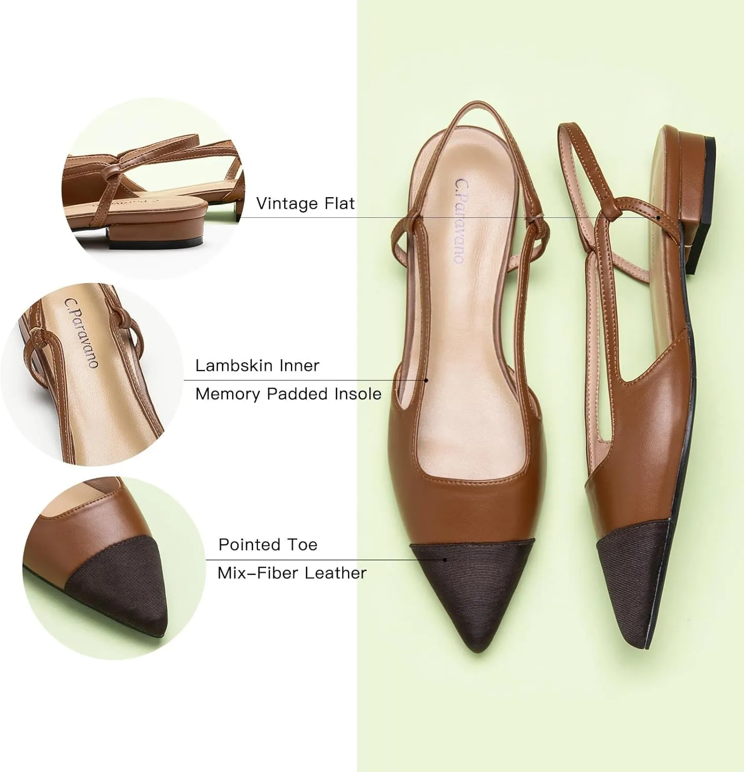 C.Paravano Women's Pointed Toe Slingback Flats | Comfort Heeled Sandals | Slip-On Flats | Perfect for Casual, Business, Party, Date