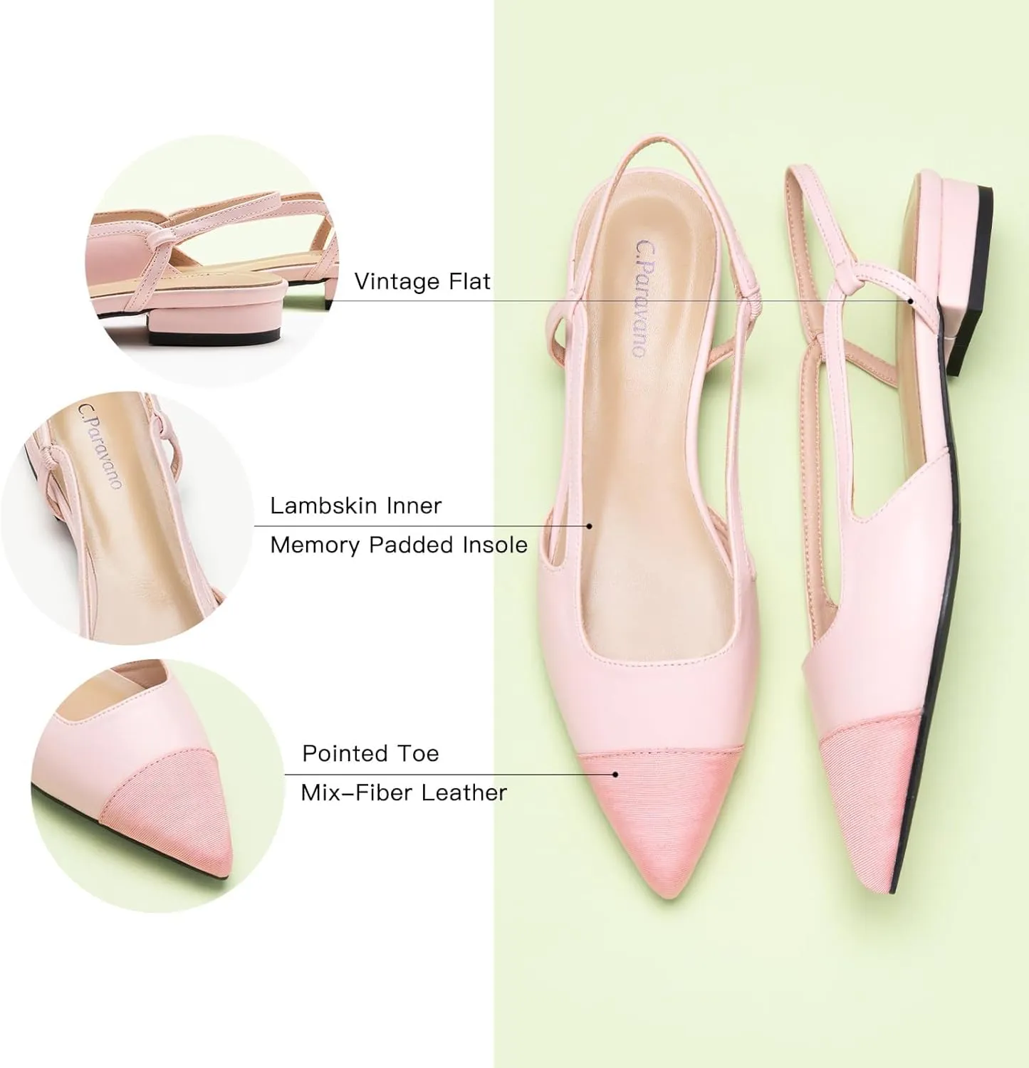 C.Paravano Women's Pointed Toe Slingback Flats | Comfort Heeled Sandals | Slip-On Flats | Perfect for Casual, Business, Party, Date