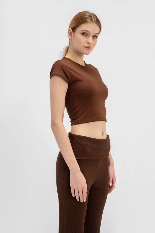 Cropped Round Neck Top Cap Sleeve - Chocolate