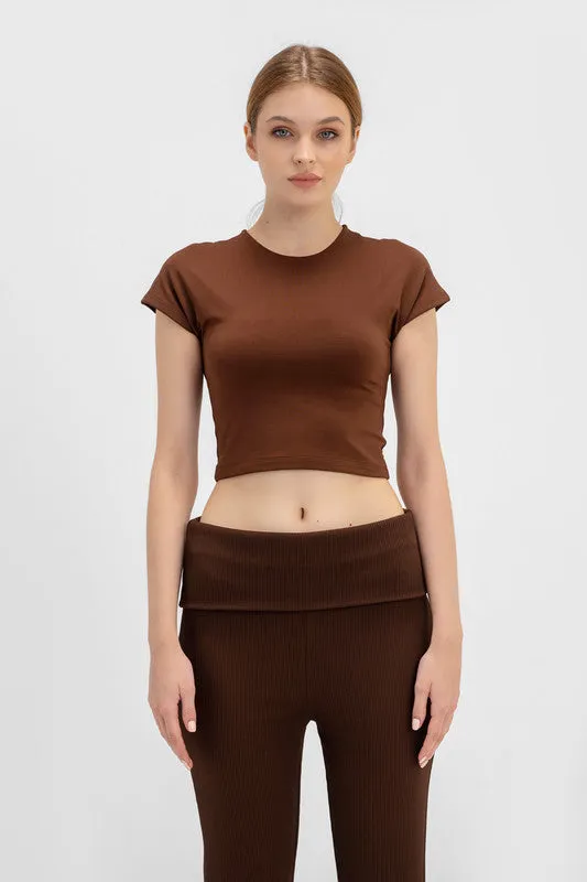 Cropped Round Neck Top Cap Sleeve - Chocolate