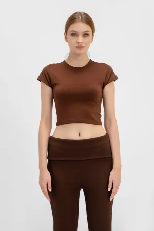 Cropped Round Neck Top Cap Sleeve - Chocolate