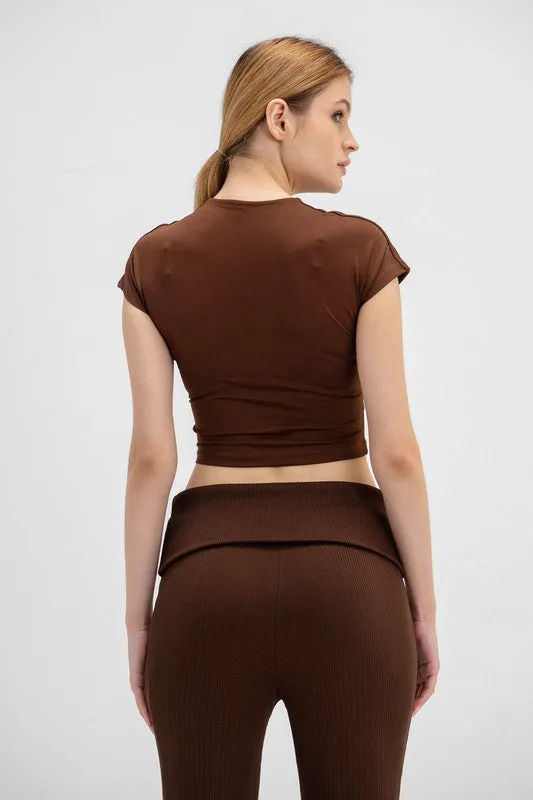 Cropped Round Neck Top Cap Sleeve - Chocolate