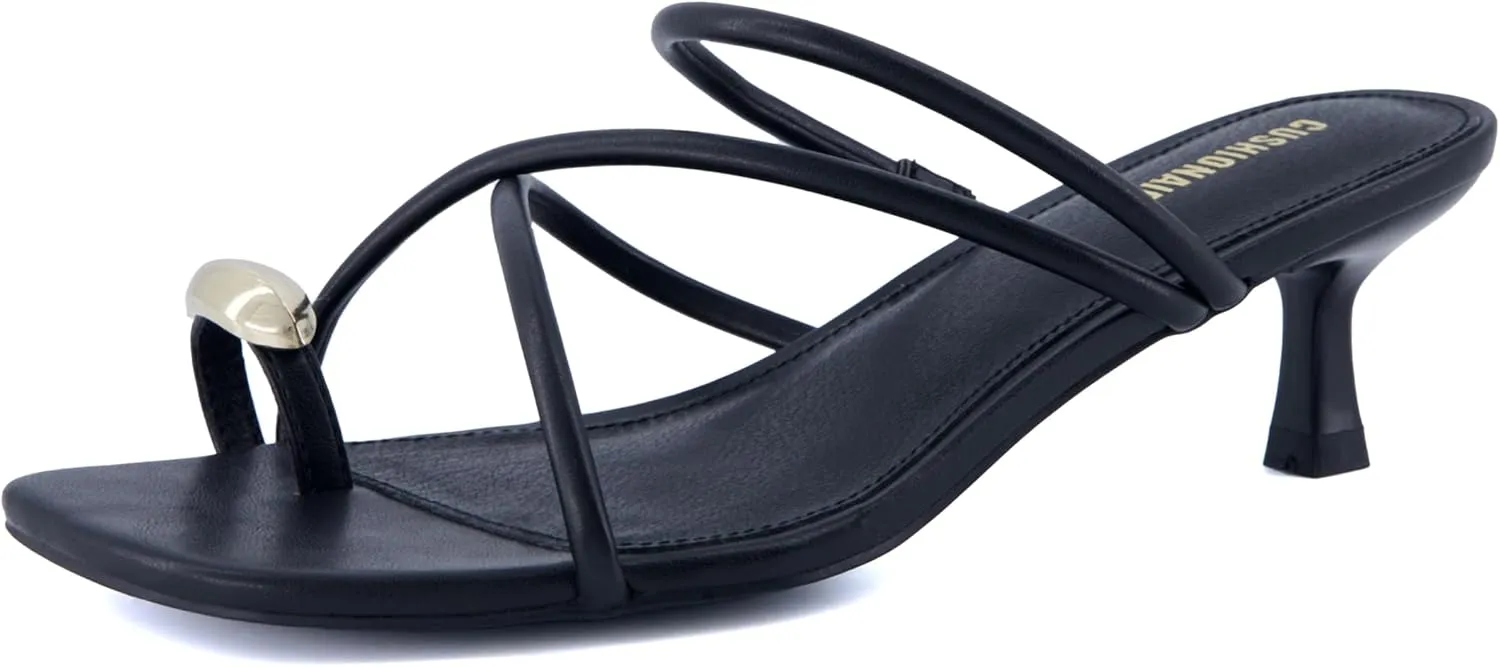 CUSHIONAIRE Maui Women’s Strappy Toe-Ring Slip On Kitten Heel – Vegan Leather Dress Sandal   Memory Foam