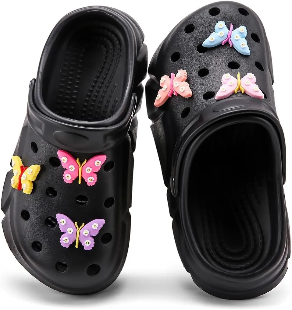 Cute Butterfly-Themed Lightweight Girls' Clogs, Platform Soft Sole Closed Toe EVA Home Garden Clog Shoes, Two-Way Wear Breathable Beach Clogs, Trendy Non-Slip Slip-On Sandals for Outdoor Indoor