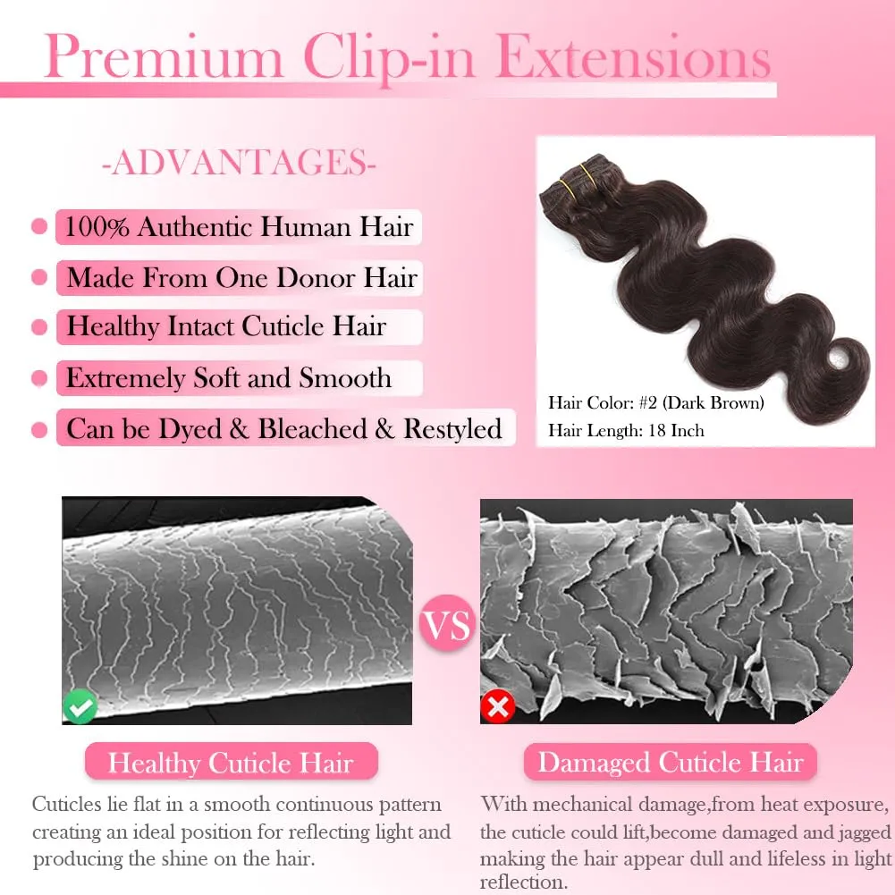 Dark Brown Body Wave Clip in Hair Extensions Real Human Hair, 8Pcs 120g Wavy Human Hair Clip in Extensions for Women 100% Brazilian Virgin Human Hair Extensions Double Weft (#2,16 Inch)