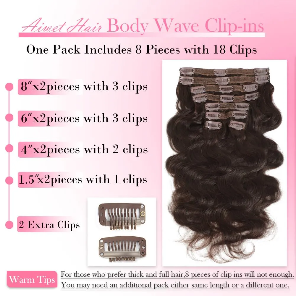 Dark Brown Body Wave Clip in Hair Extensions Real Human Hair, 8Pcs 120g Wavy Human Hair Clip in Extensions for Women 100% Brazilian Virgin Human Hair Extensions Double Weft (#2,16 Inch)