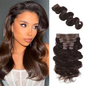 Dark Brown Body Wave Clip in Hair Extensions Real Human Hair, 8Pcs 120g Wavy Human Hair Clip in Extensions for Women 100% Brazilian Virgin Human Hair Extensions Double Weft (#2,16 Inch)