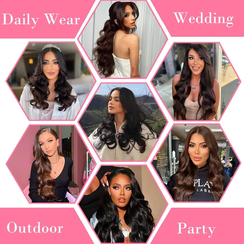 Dark Brown Body Wave Clip in Hair Extensions Real Human Hair, 8Pcs 120g Wavy Human Hair Clip in Extensions for Women 100% Brazilian Virgin Human Hair Extensions Double Weft (#2,16 Inch)