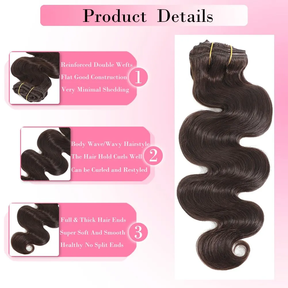Dark Brown Body Wave Clip in Hair Extensions Real Human Hair, 8Pcs 120g Wavy Human Hair Clip in Extensions for Women 100% Brazilian Virgin Human Hair Extensions Double Weft (#2,16 Inch)