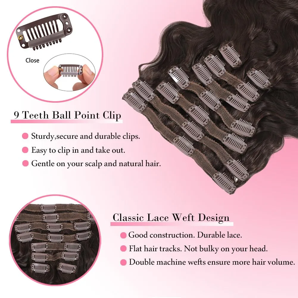 Dark Brown Body Wave Clip in Hair Extensions Real Human Hair, 8Pcs 120g Wavy Human Hair Clip in Extensions for Women 100% Brazilian Virgin Human Hair Extensions Double Weft (#2,16 Inch)