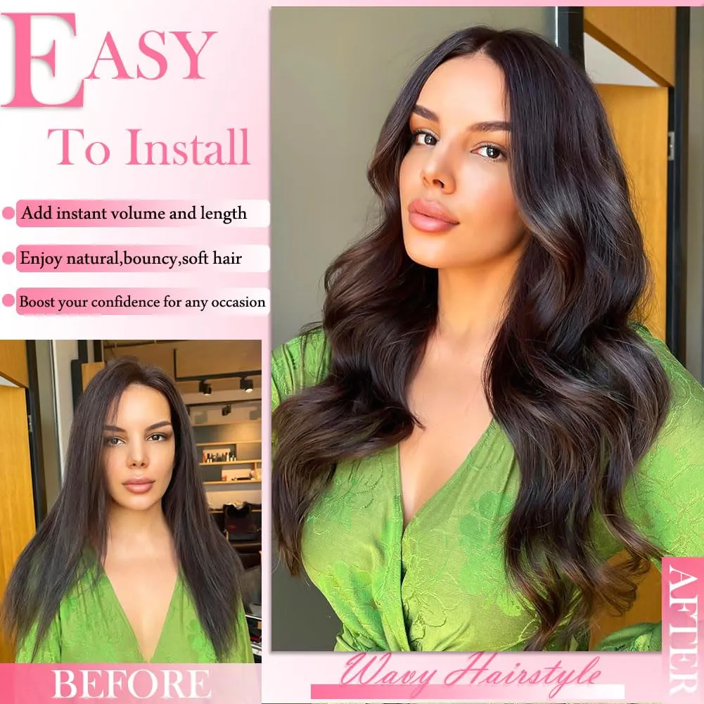 Dark Brown Body Wave Clip in Hair Extensions Real Human Hair, 8Pcs 120g Wavy Human Hair Clip in Extensions for Women 100% Brazilian Virgin Human Hair Extensions Double Weft (#2,16 Inch)