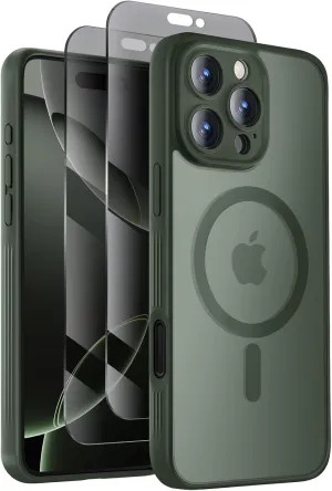 Designed for iPhone 16 Pro Case, Compatible with MagSafe, with Privacy Screen Protectors X2, [Camera Protection] [15FT Military Drop Protection] Shockproof Phone Case, 2024, Alpine Green