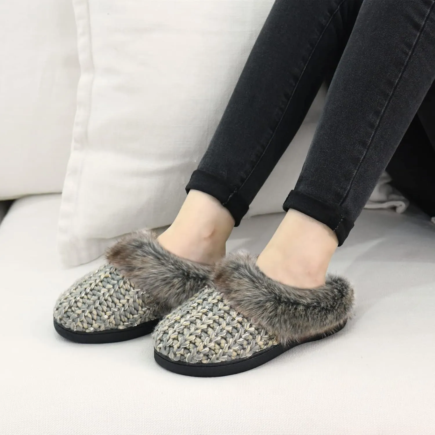 DL Womens House Slippers Memory Foam, Fluffy Slip on Womens Bedroom Slippers Fuzzy Collar, Warm Soft Indoor Knit Slippers for Women Non-Slip