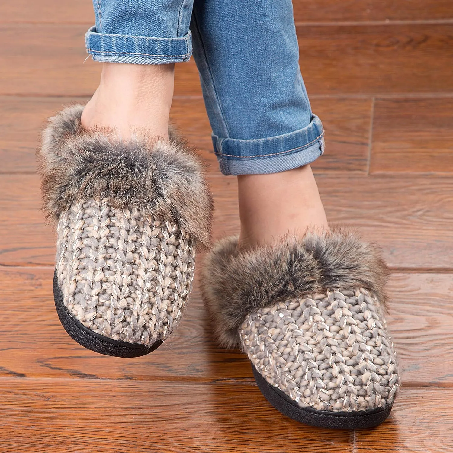 DL Womens House Slippers Memory Foam, Fluffy Slip on Womens Bedroom Slippers Fuzzy Collar, Warm Soft Indoor Knit Slippers for Women Non-Slip