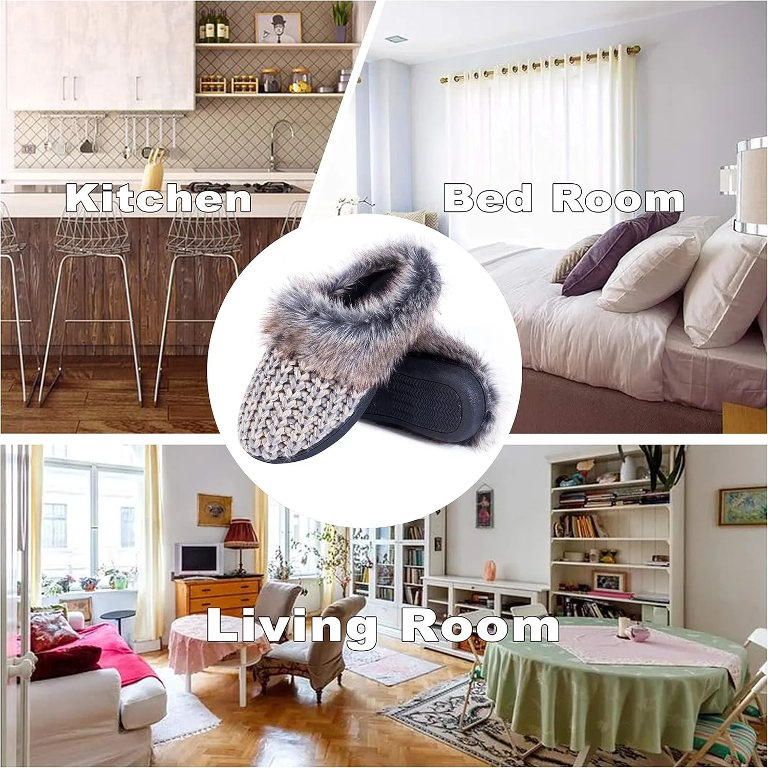 DL Womens House Slippers Memory Foam, Fluffy Slip on Womens Bedroom Slippers Fuzzy Collar, Warm Soft Indoor Knit Slippers for Women Non-Slip