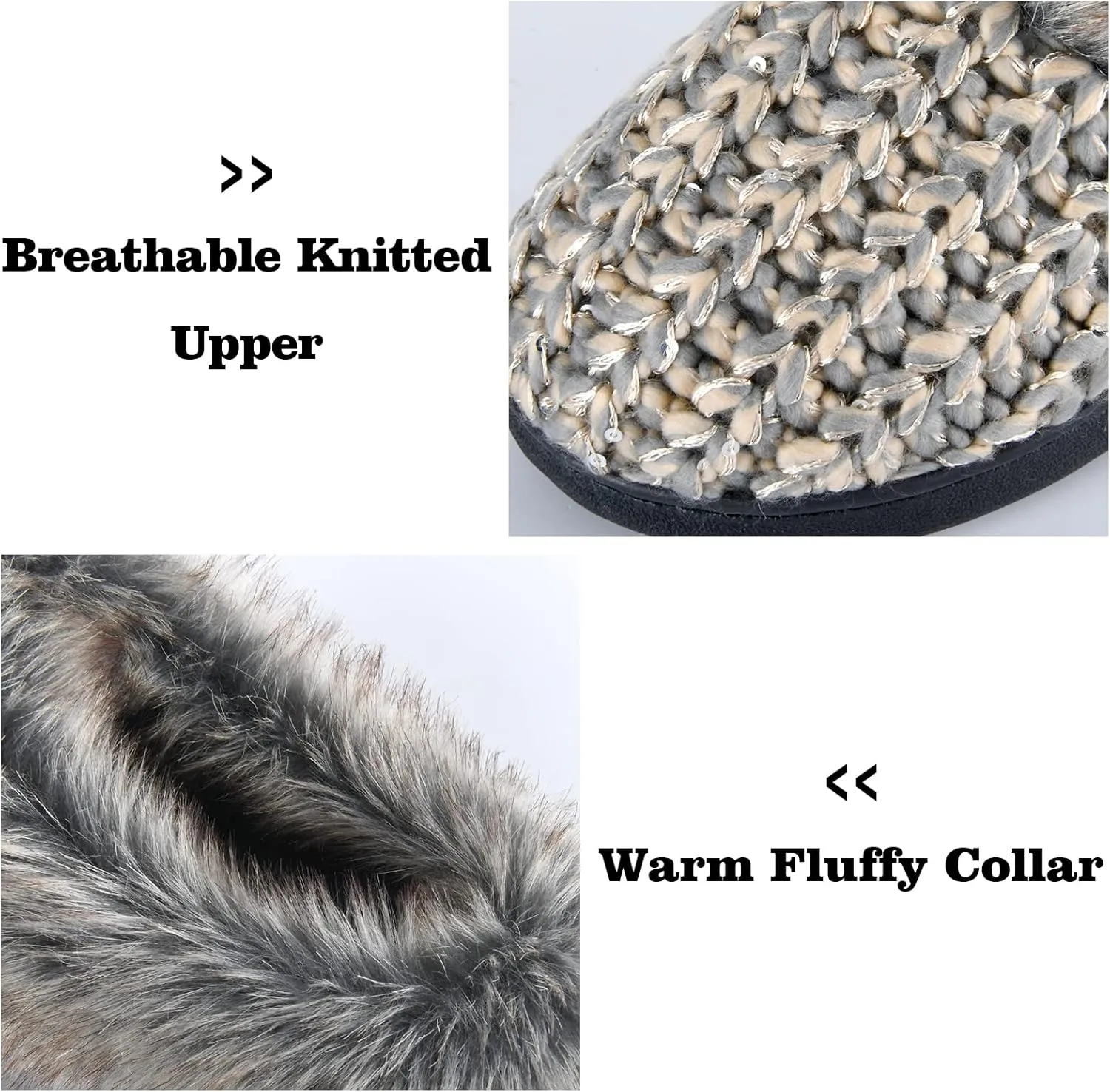 DL Womens House Slippers Memory Foam, Fluffy Slip on Womens Bedroom Slippers Fuzzy Collar, Warm Soft Indoor Knit Slippers for Women Non-Slip