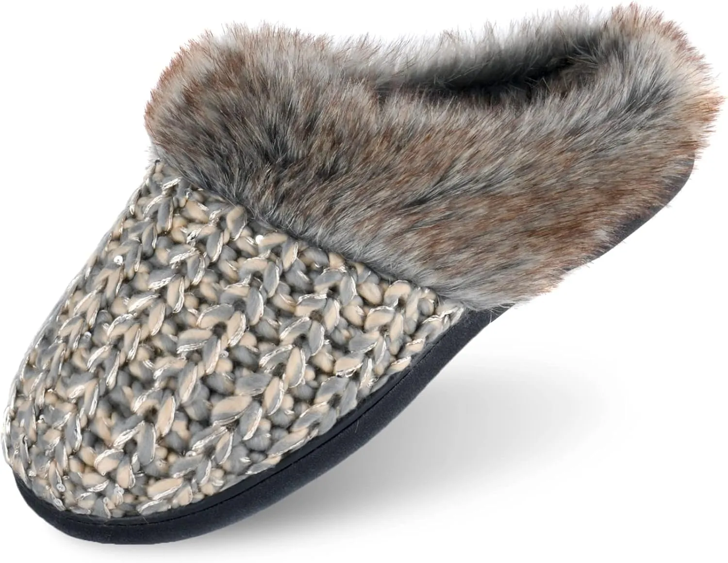 DL Womens House Slippers Memory Foam, Fluffy Slip on Womens Bedroom Slippers Fuzzy Collar, Warm Soft Indoor Knit Slippers for Women Non-Slip