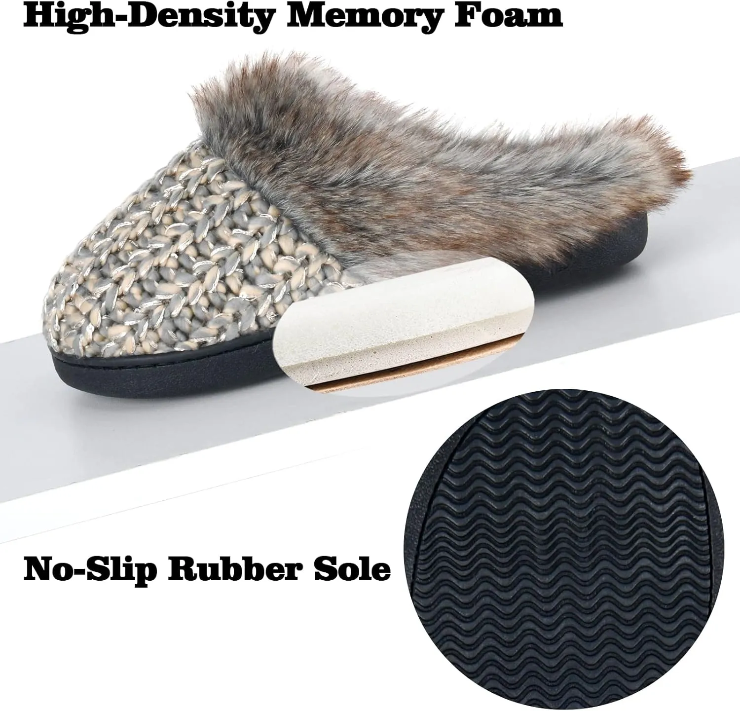 DL Womens House Slippers Memory Foam, Fluffy Slip on Womens Bedroom Slippers Fuzzy Collar, Warm Soft Indoor Knit Slippers for Women Non-Slip