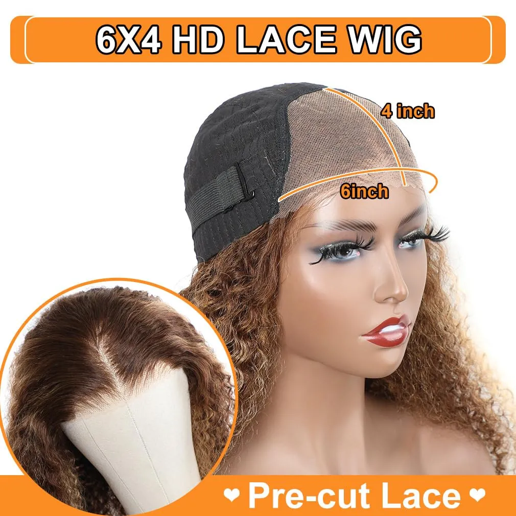 Domiso Wear and Go Glueless Wig Highlight Lace Front Wigs Human Hair Kinky Curly 6x4 HD Lace 4/27 Honey Blonde Curly Wigs for Black Women Lace Pre Cut Glueless Wigs Human Hair Pre Plucked 22 Inch