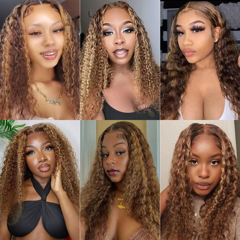 Domiso Wear and Go Glueless Wig Highlight Lace Front Wigs Human Hair Kinky Curly 6x4 HD Lace 4/27 Honey Blonde Curly Wigs for Black Women Lace Pre Cut Glueless Wigs Human Hair Pre Plucked 22 Inch