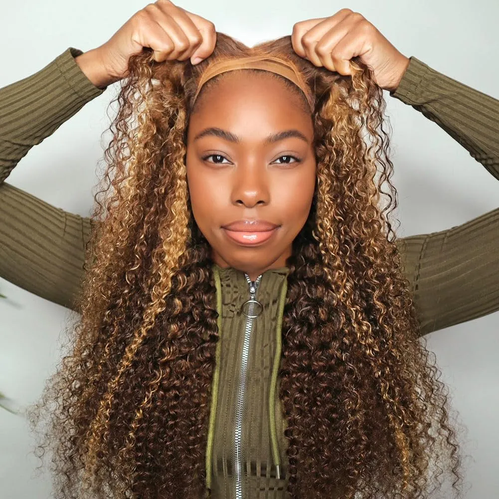 Domiso Wear and Go Glueless Wig Highlight Lace Front Wigs Human Hair Kinky Curly 6x4 HD Lace 4/27 Honey Blonde Curly Wigs for Black Women Lace Pre Cut Glueless Wigs Human Hair Pre Plucked 22 Inch