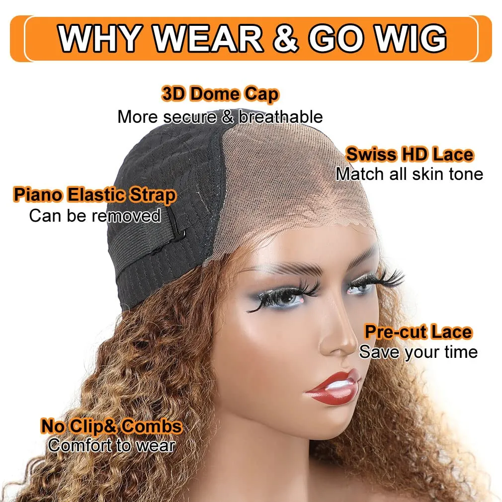 Domiso Wear and Go Glueless Wig Highlight Lace Front Wigs Human Hair Kinky Curly 6x4 HD Lace 4/27 Honey Blonde Curly Wigs for Black Women Lace Pre Cut Glueless Wigs Human Hair Pre Plucked 22 Inch