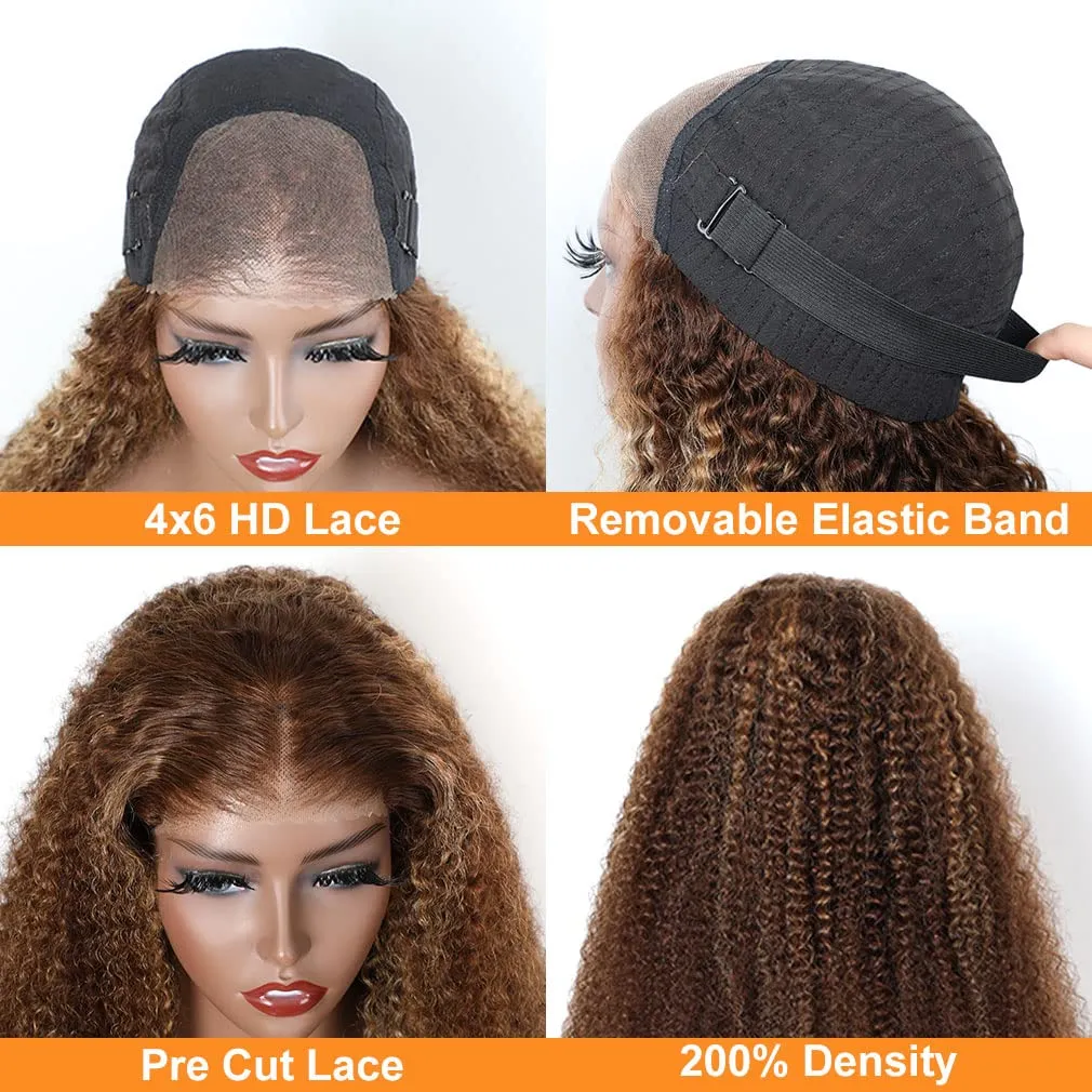 Domiso Wear and Go Glueless Wig Highlight Lace Front Wigs Human Hair Kinky Curly 6x4 HD Lace 4/27 Honey Blonde Curly Wigs for Black Women Lace Pre Cut Glueless Wigs Human Hair Pre Plucked 22 Inch