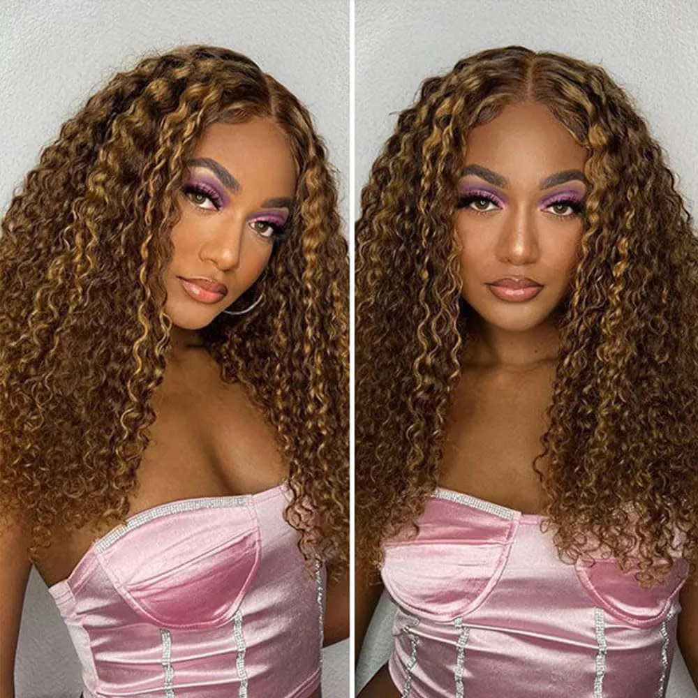 Domiso Wear and Go Glueless Wig Highlight Lace Front Wigs Human Hair Kinky Curly 6x4 HD Lace 4/27 Honey Blonde Curly Wigs for Black Women Lace Pre Cut Glueless Wigs Human Hair Pre Plucked 22 Inch