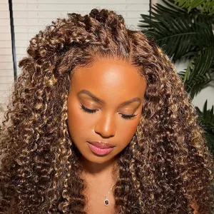 Domiso Wear and Go Glueless Wig Highlight Lace Front Wigs Human Hair Kinky Curly 6x4 HD Lace 4/27 Honey Blonde Curly Wigs for Black Women Lace Pre Cut Glueless Wigs Human Hair Pre Plucked 22 Inch
