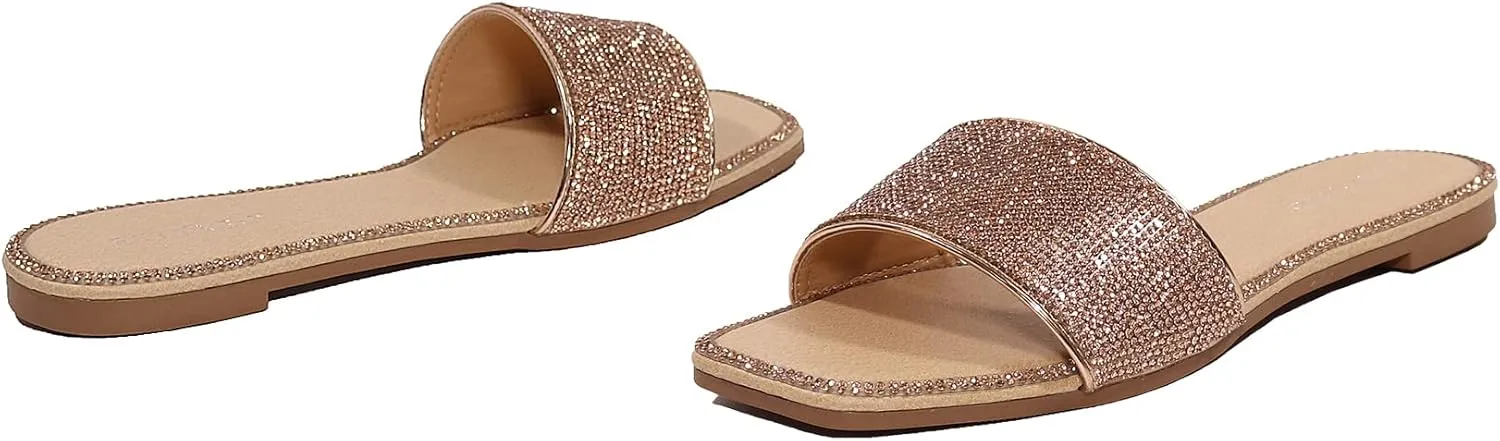 EETTARO Women's Glitter Shiny Slide Sandals Sparkle Fancy Flat Slippers Slip-on Jeweled Shoes