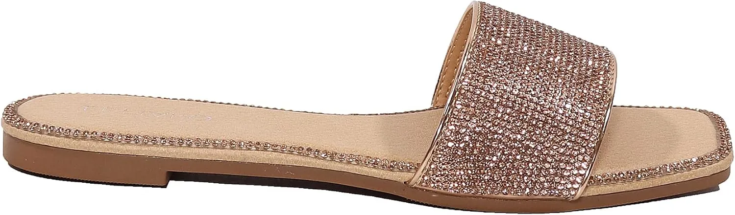 EETTARO Women's Glitter Shiny Slide Sandals Sparkle Fancy Flat Slippers Slip-on Jeweled Shoes