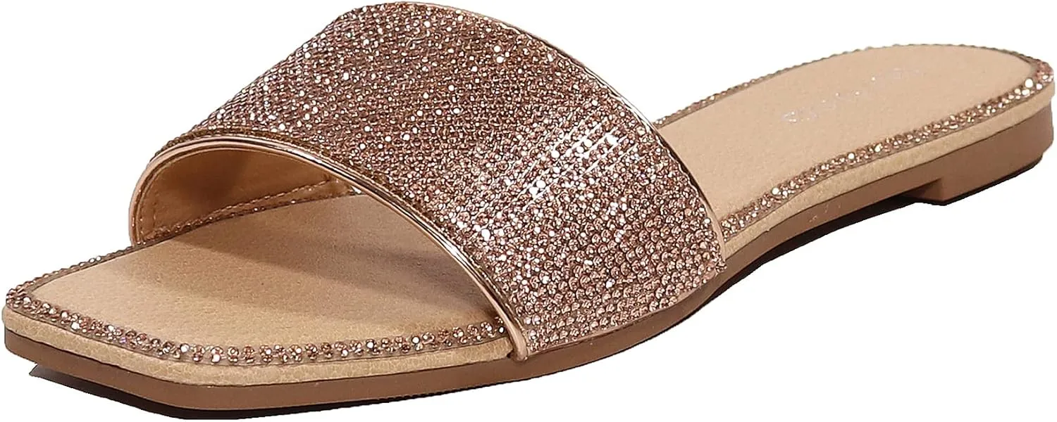 EETTARO Women's Glitter Shiny Slide Sandals Sparkle Fancy Flat Slippers Slip-on Jeweled Shoes