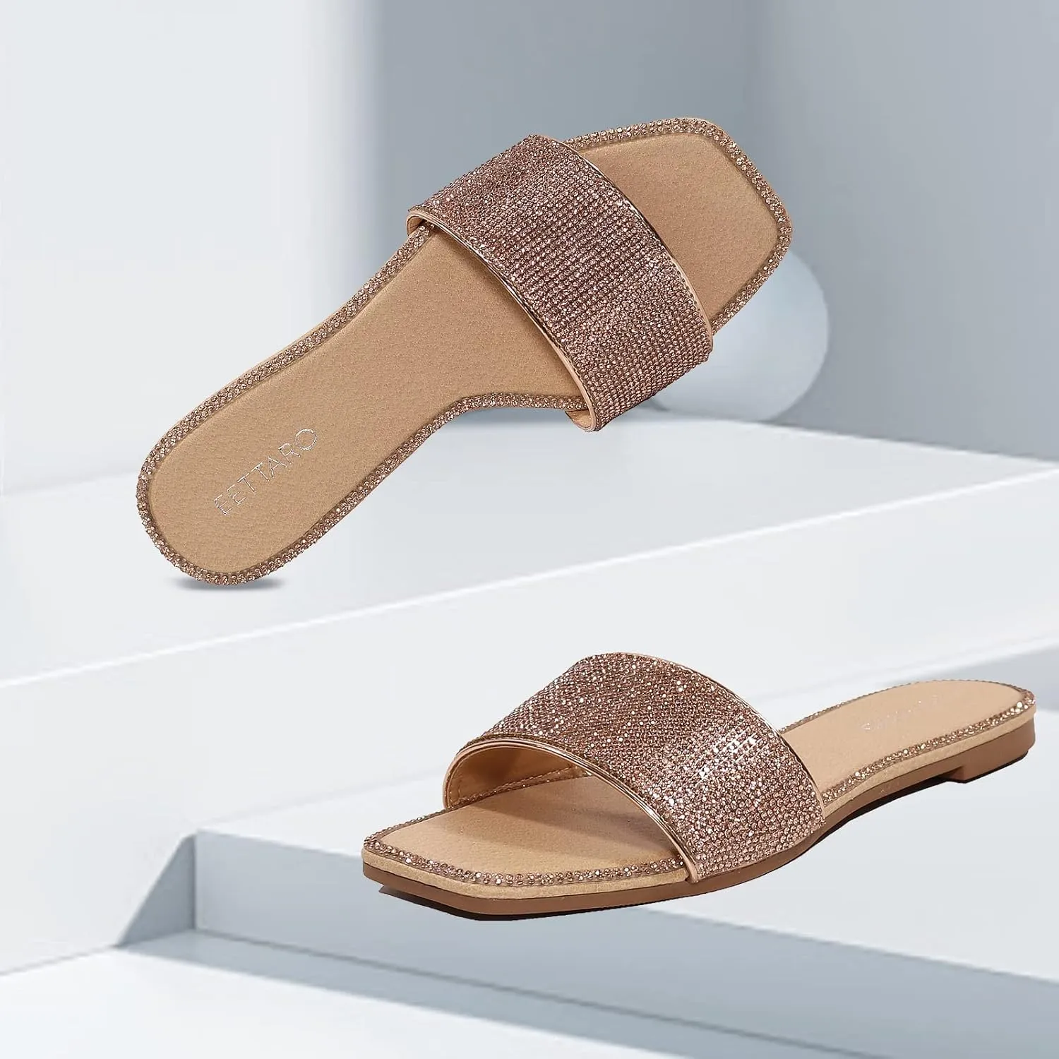 EETTARO Women's Glitter Shiny Slide Sandals Sparkle Fancy Flat Slippers Slip-on Jeweled Shoes