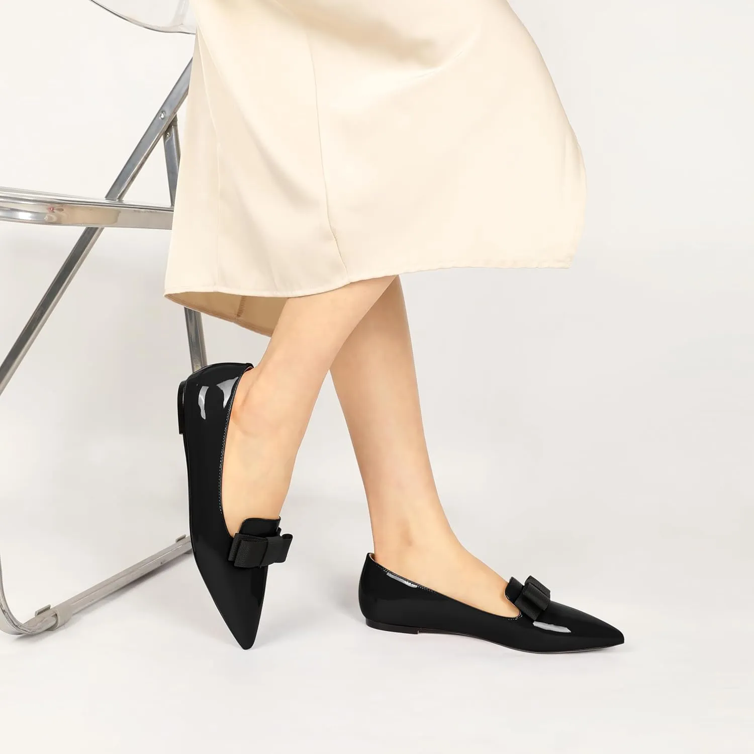 Eldof Women's Loafer Flat Pointed Toe Bow Tie Ballet Slip on Comfortable Dress Work Shoes