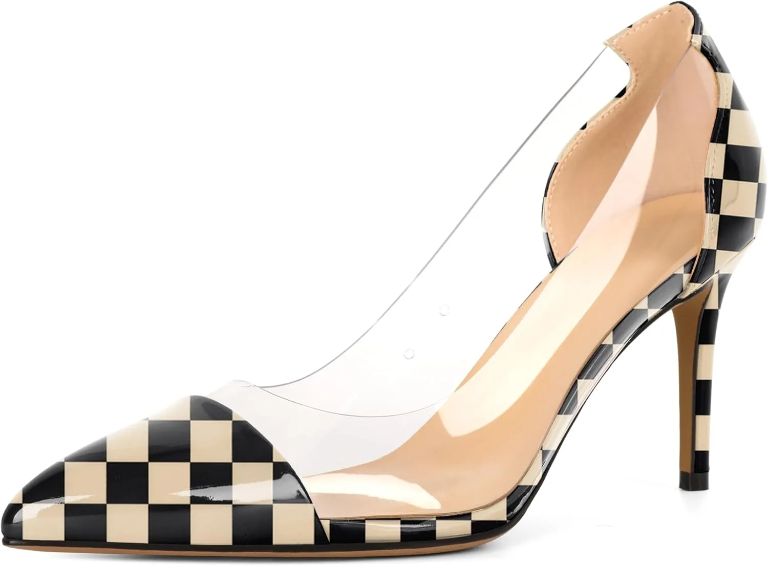 Eldof Women's Stilettos Pumps Pointed Toe Clear Transparent PVC Vamp High Heels Slip on 3 Inch Wedding Dressy Work Shoes