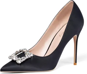 Elisabet Tang Women's Pumps 4 Inch Satin Glitter Rhinestone Heels for Women High Heels Closed Pointed Toe Slip on Party Wedding Shoes
