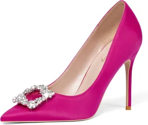 Elisabet Tang Women's Pumps 4 Inch Satin Glitter Rhinestone Heels for Women High Heels Closed Pointed Toe Slip on Party Wedding Shoes
