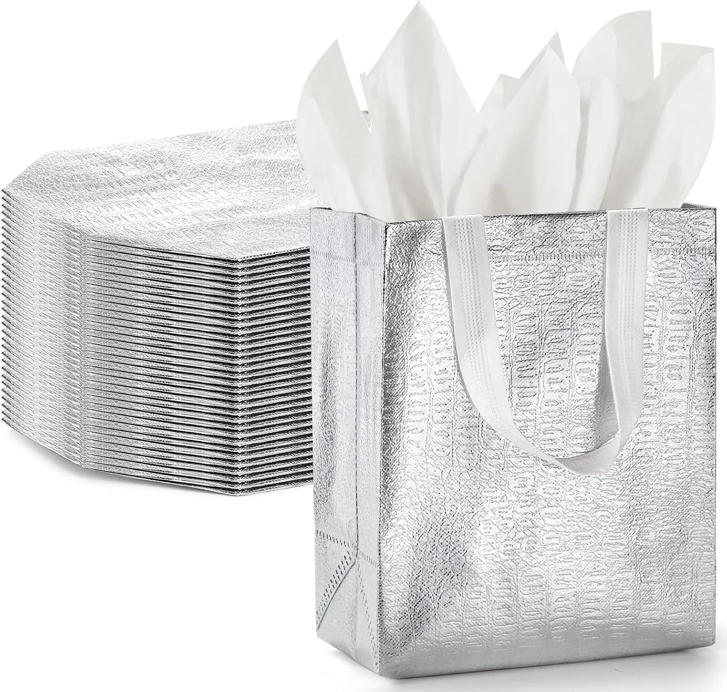 Elsjoy 40 Pack Glossy Silver Gift Bags - 10 x 8 Inch Small Reusable Grocery Tote With Handle - Metallic Goodie Party Favor for Birthday, Wedding, Shopping
