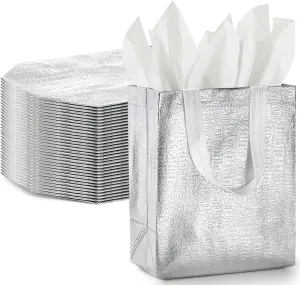 Elsjoy 40 Pack Glossy Silver Gift Bags - 10 x 8 Inch Small Reusable Grocery Tote With Handle - Metallic Goodie Party Favor for Birthday, Wedding, Shopping